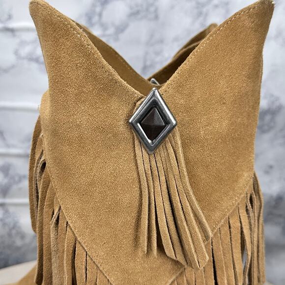 Obsession Rules Hopey Suede Tan Moccasin Fringe Boho Hidden Wedge Boots Women 8 - Picture 2 of 11